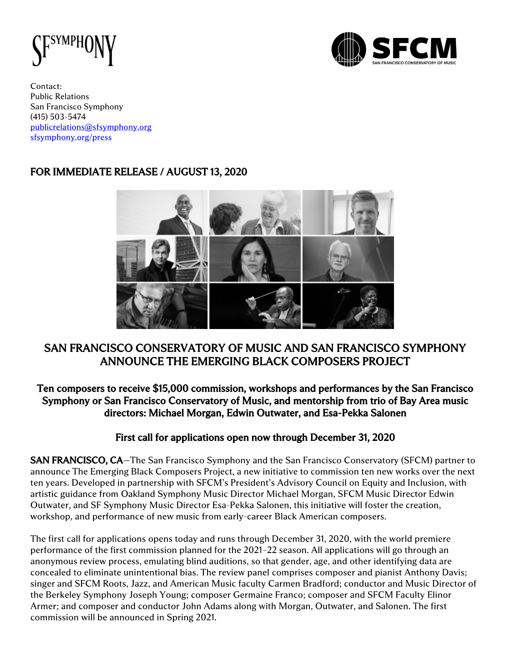 San Francisco Conservatory of Music and San Francisco Symphony Announce the Emerging Black Composers Project