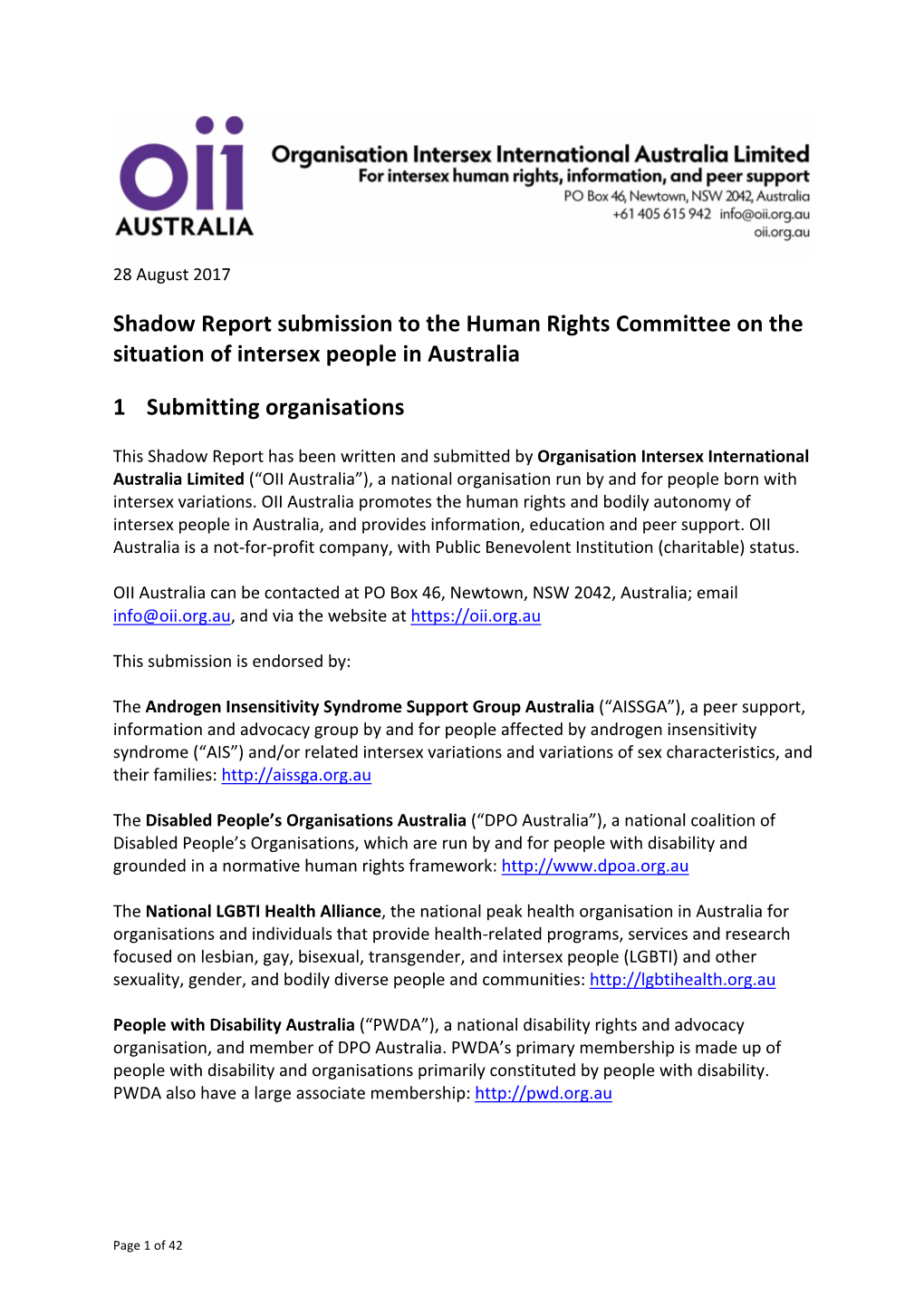 Shadow Report Submission to the Human Rights Committee on the Situation of Intersex People in Australia