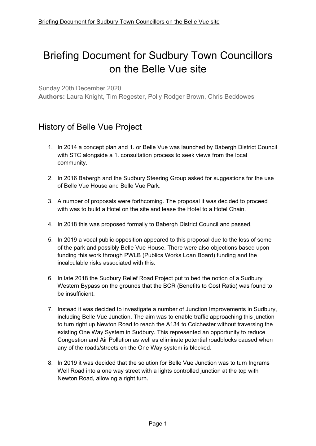 Briefing Document for Sudbury Town Councillors on the Belle Vue Site