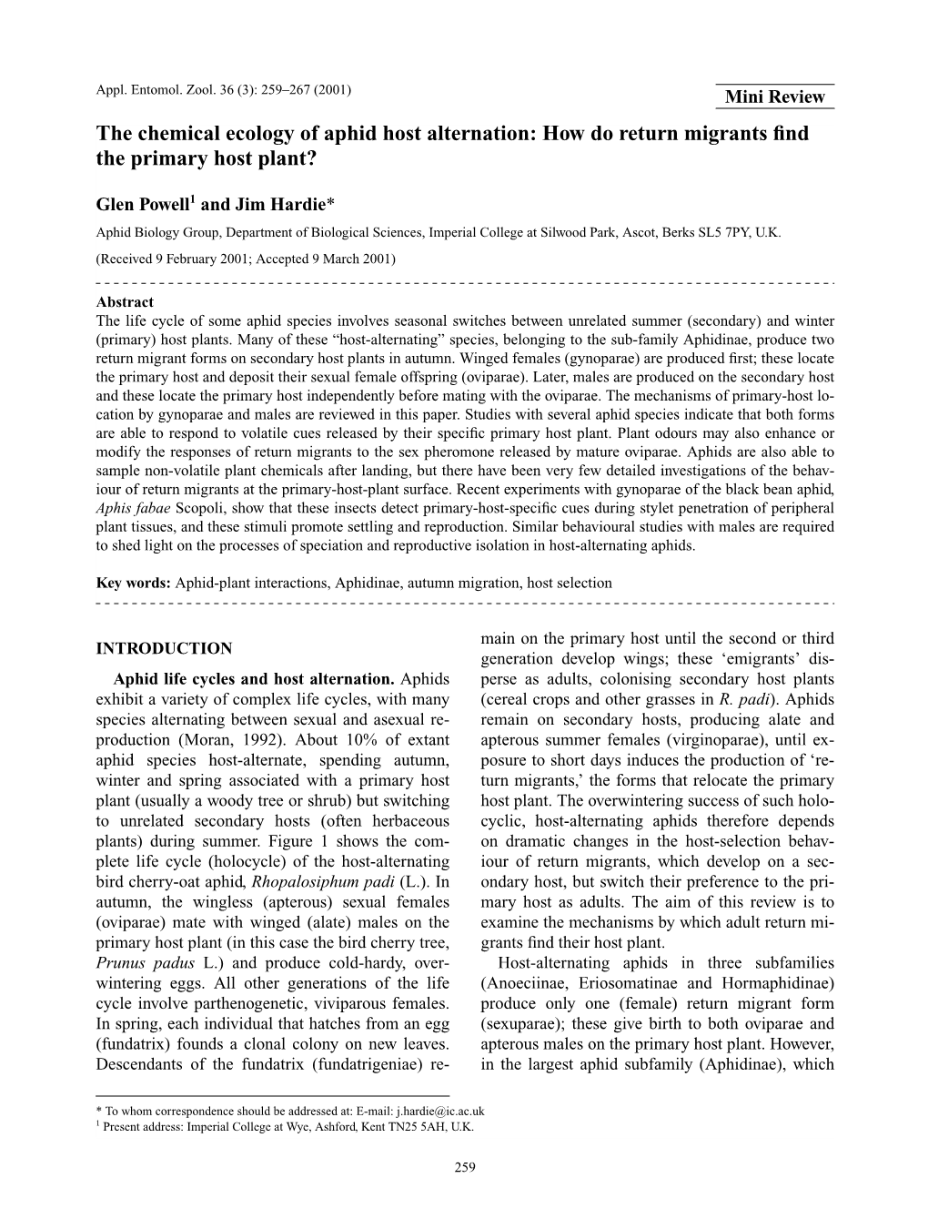 The Chemical Ecology of Aphid Host Alternation: How Do Return Migrants ﬁnd the Primary Host Plant?