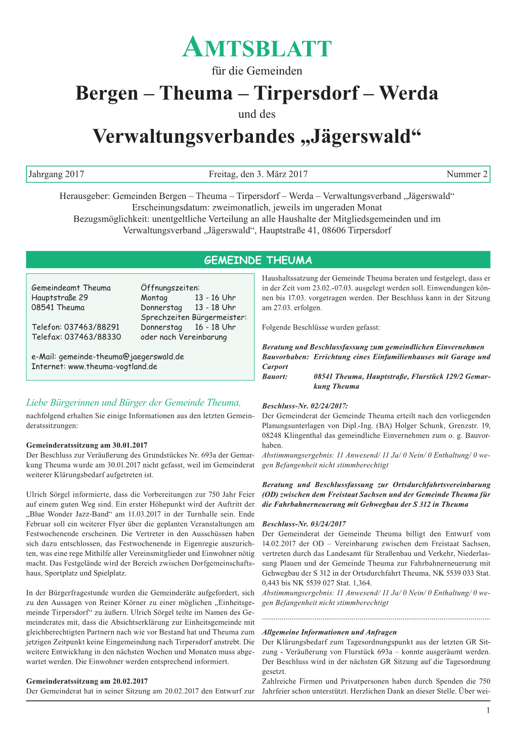 Amtsblatt Für Die Gemeinden Bergen – Theuma – Tirpersdorf – Werda Und Des Verwaltungsverbandes „Jägerswald“