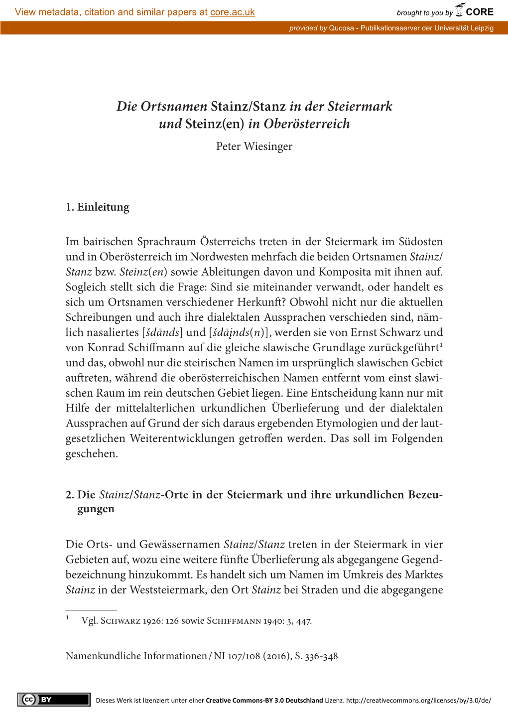 Die Ortsnamen Stainz/Stanz in Der Steiermark Und Steinz(En) in Oberösterreich Peter Wiesinger