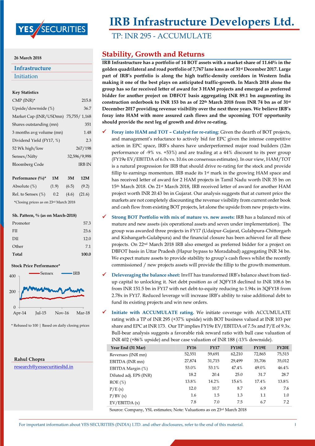 IRB Infrastructure Developers Ltd. TP: INR 295 - ACCUMULATE