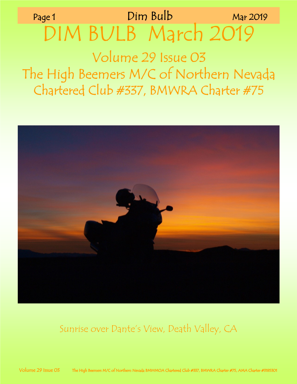 DIM BULB March 2019 Volume 29 Issue 03 the High Beemers M/C of Northern Nevada Chartered Club #337, BMWRA Charter #75