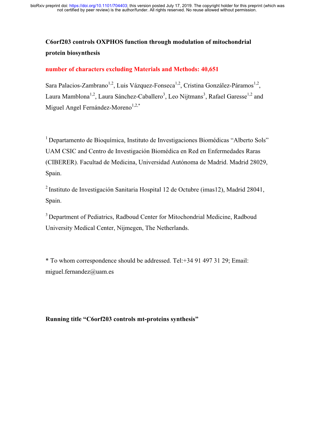 C6orf203 Controls OXPHOS Function Through Modulation of Mitochondrial Protein Biosynthesis