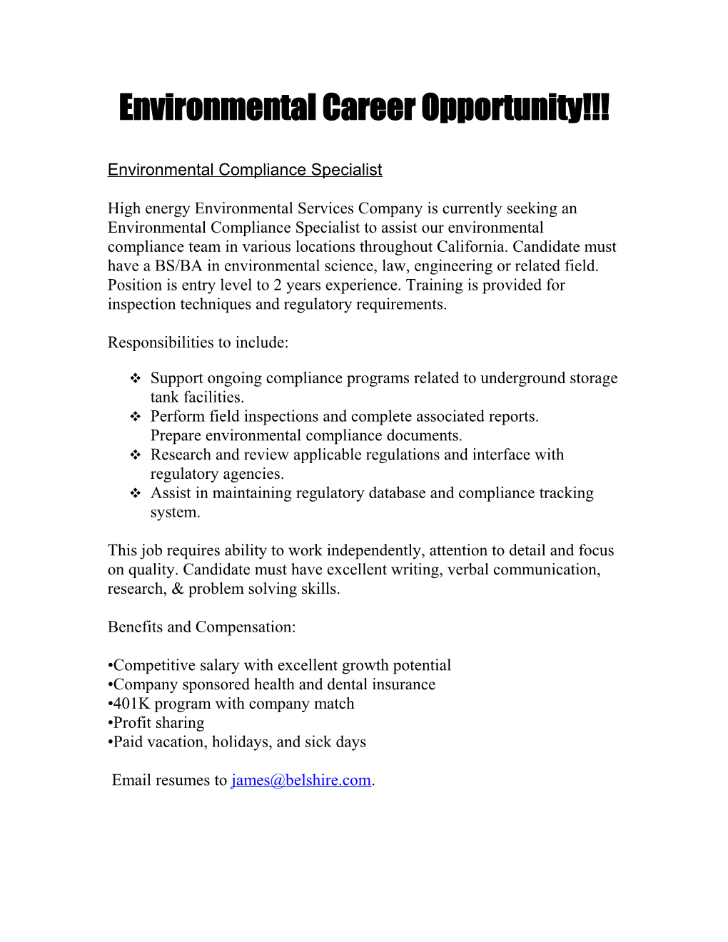 Environmental Career Opportunity