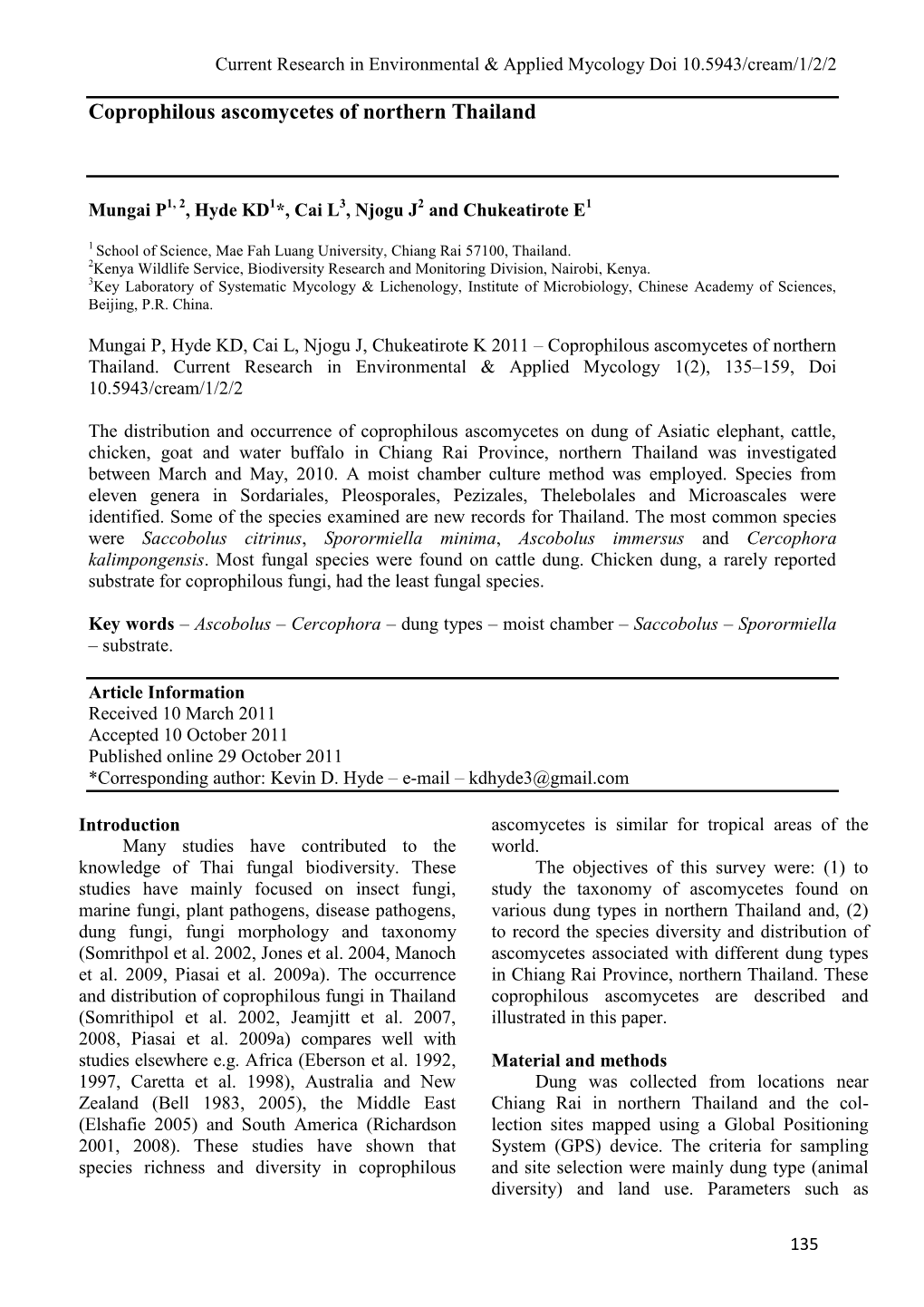 Coprophilous Ascomycetes of Northern Thailand