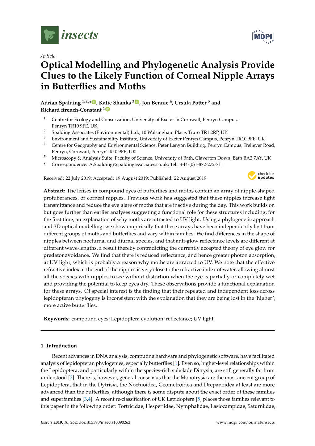 Optical Modelling and Phylogenetic Analysis Provide Clues to the Likely Function of Corneal Nipple Arrays in Butterﬂies and Moths