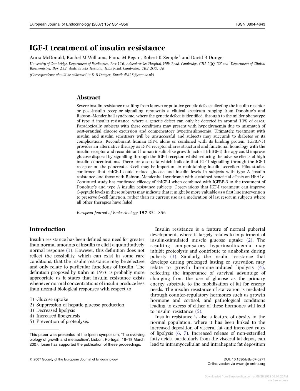 IGF-I Treatment of Insulin Resistance