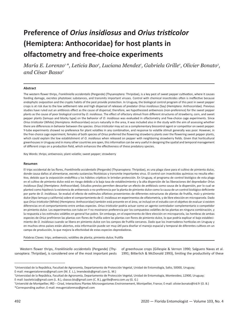 Preference of Orius Insidiosus and Orius Tristicolor (Hemiptera: Anthocoridae) for Host Plants in Olfactometry and Free-Choice Experiments