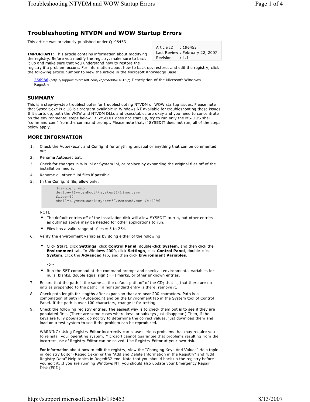 Page 1 of 4 Troubleshooting NTVDM and WOW Startup Errors 8/13/2007