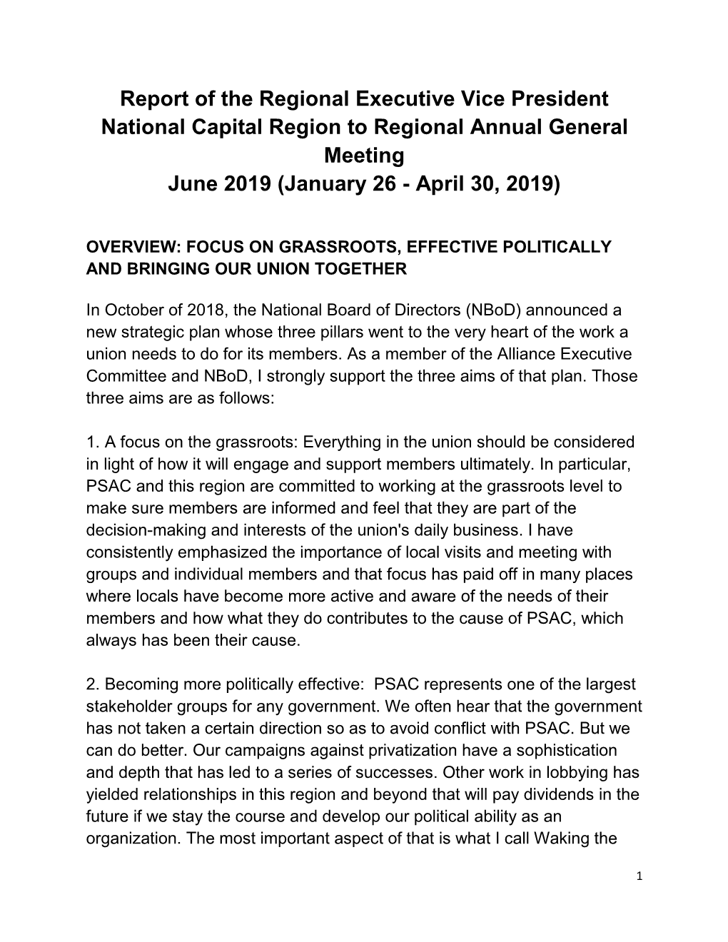 Report of the Regional Executive Vice President National Capital Region to Regional Annual General Meeting June 2019 (January 26 - April 30, 2019)
