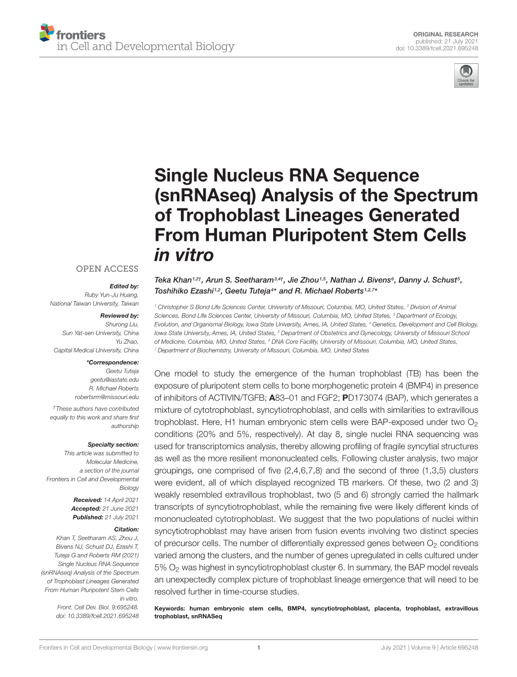 Single Nucleus RNA Sequence (Snrnaseq) Analysis of the Spectrum of Trophoblast Lineages Generated from Human Pluripotent Stem Cells in Vitro