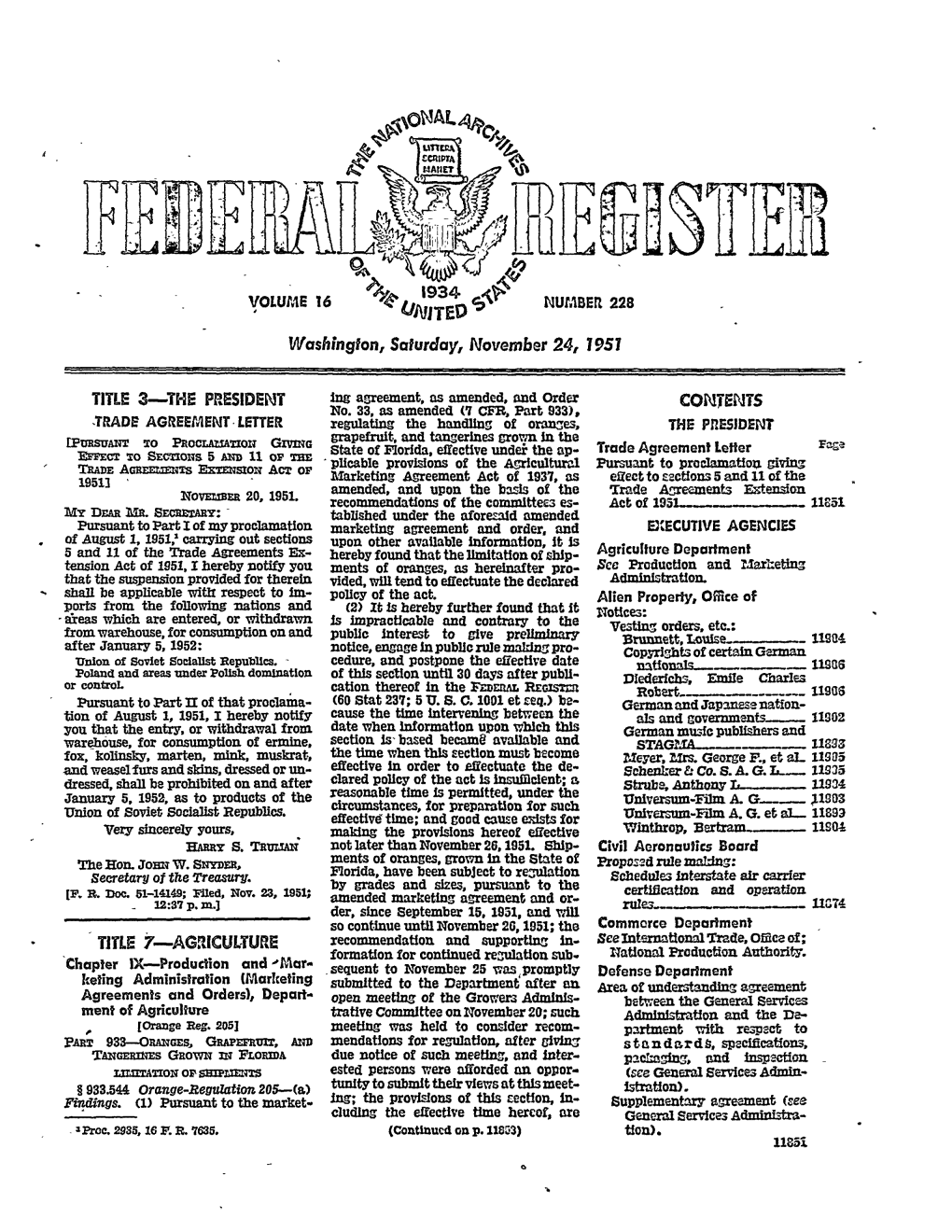 Federal Register: 16 Fed. Reg. 11851 (Nov. 24, 1951)