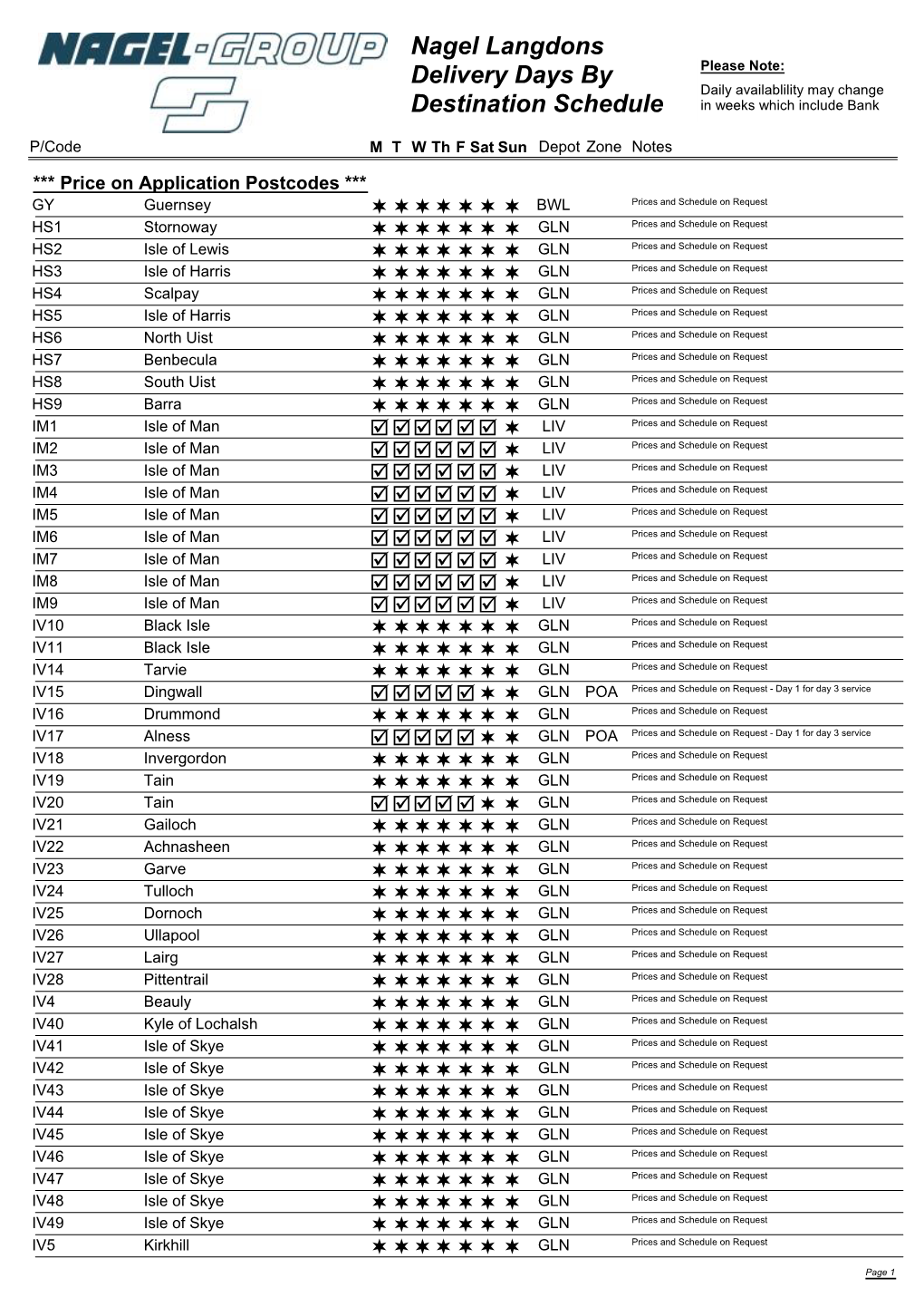 Nagel Langdons Delivery Days by Destination Schedule