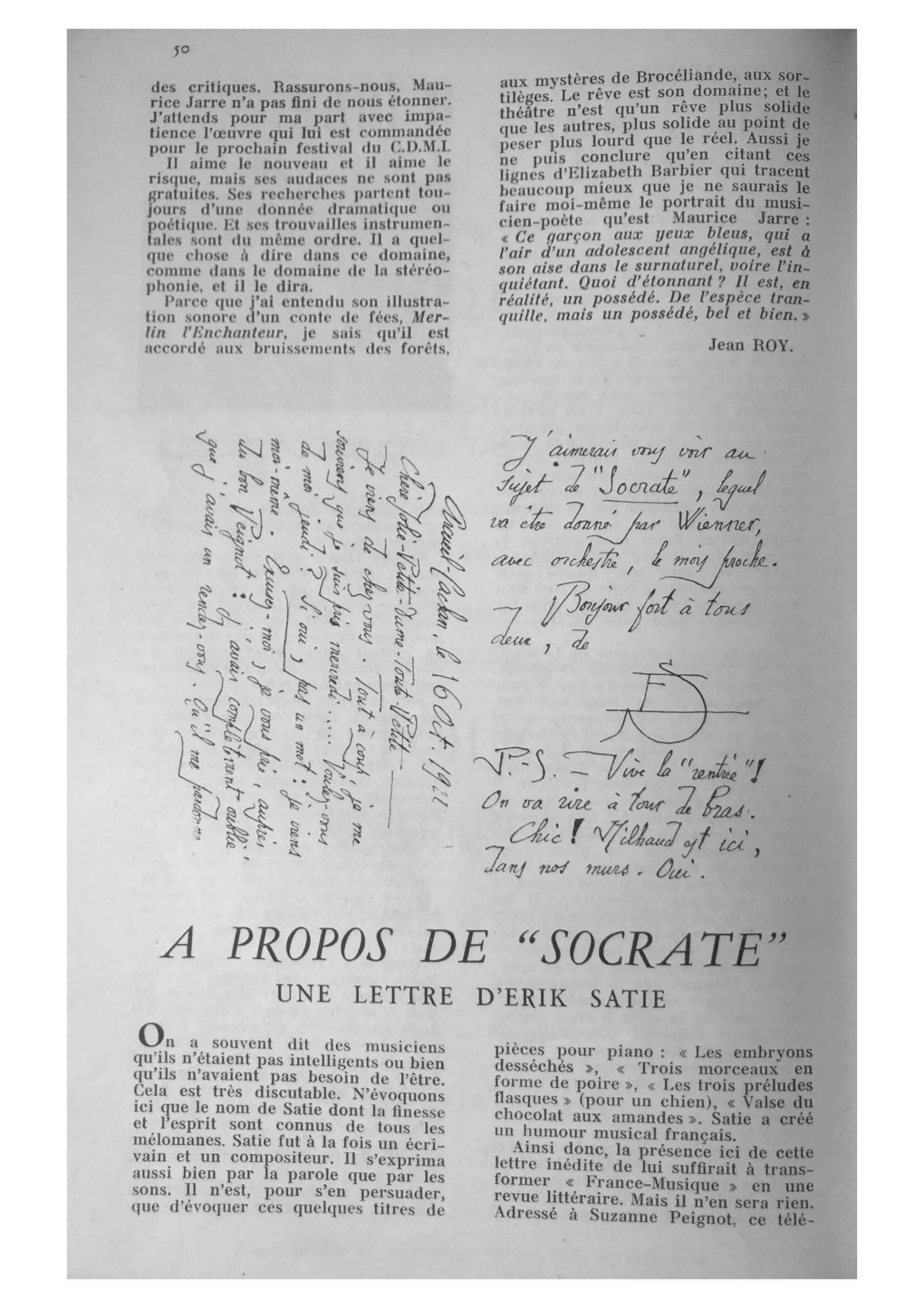 À Propos De Socrate. Une Lettre D'érik Satie »