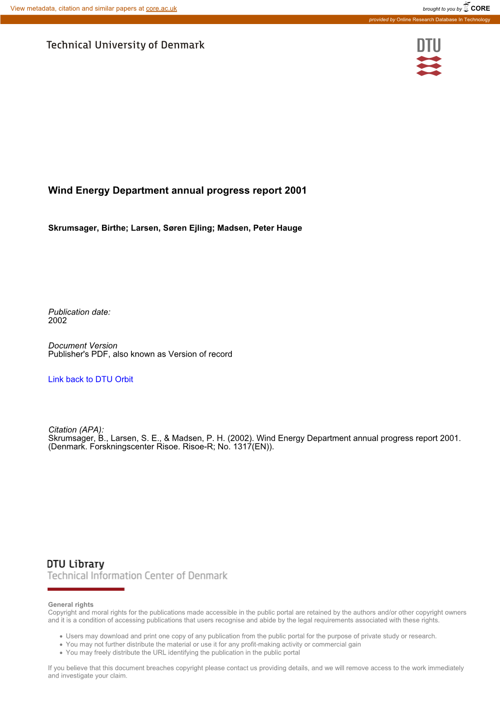 Wind Energy Department Annual Progress Report 2001