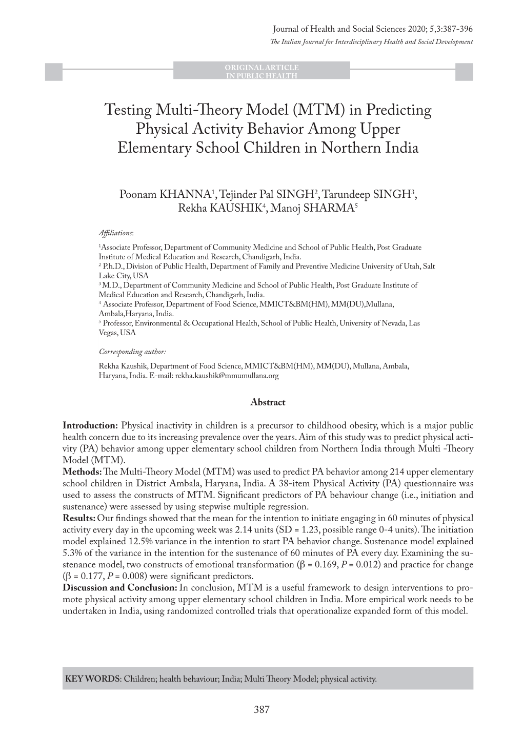 MTM) in Predicting Physical Activity Behavior Among Upper Elementary School Children in Northern India