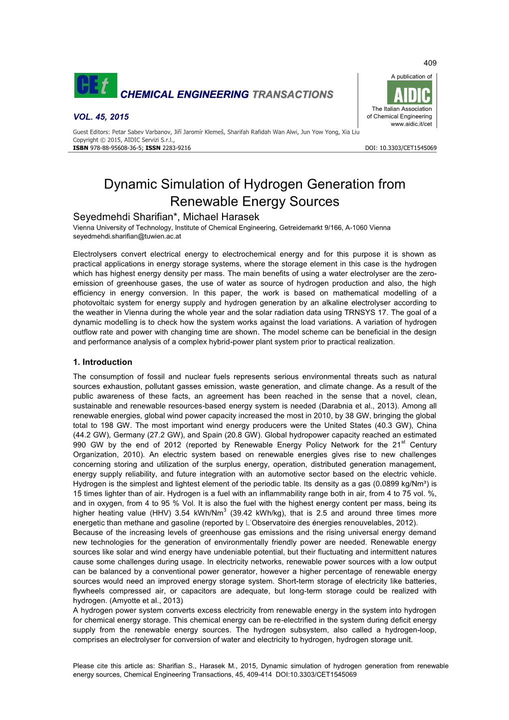 Dynamic Simulation of Hydrogen Generation from Renewable Energy Sources