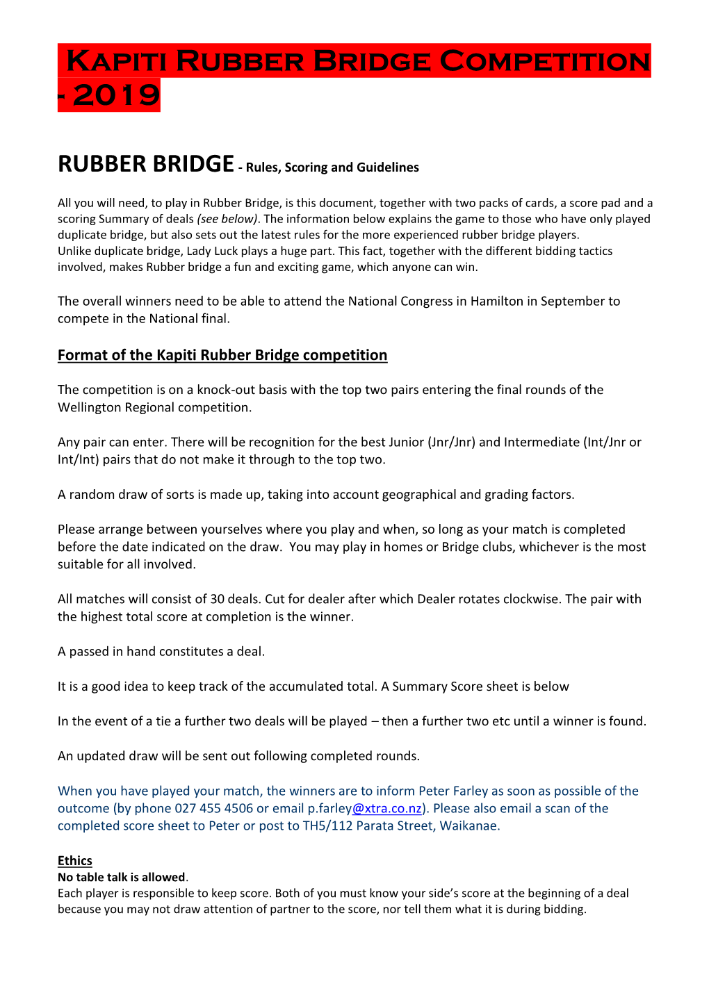 Rubber Bridge Competition - 2019