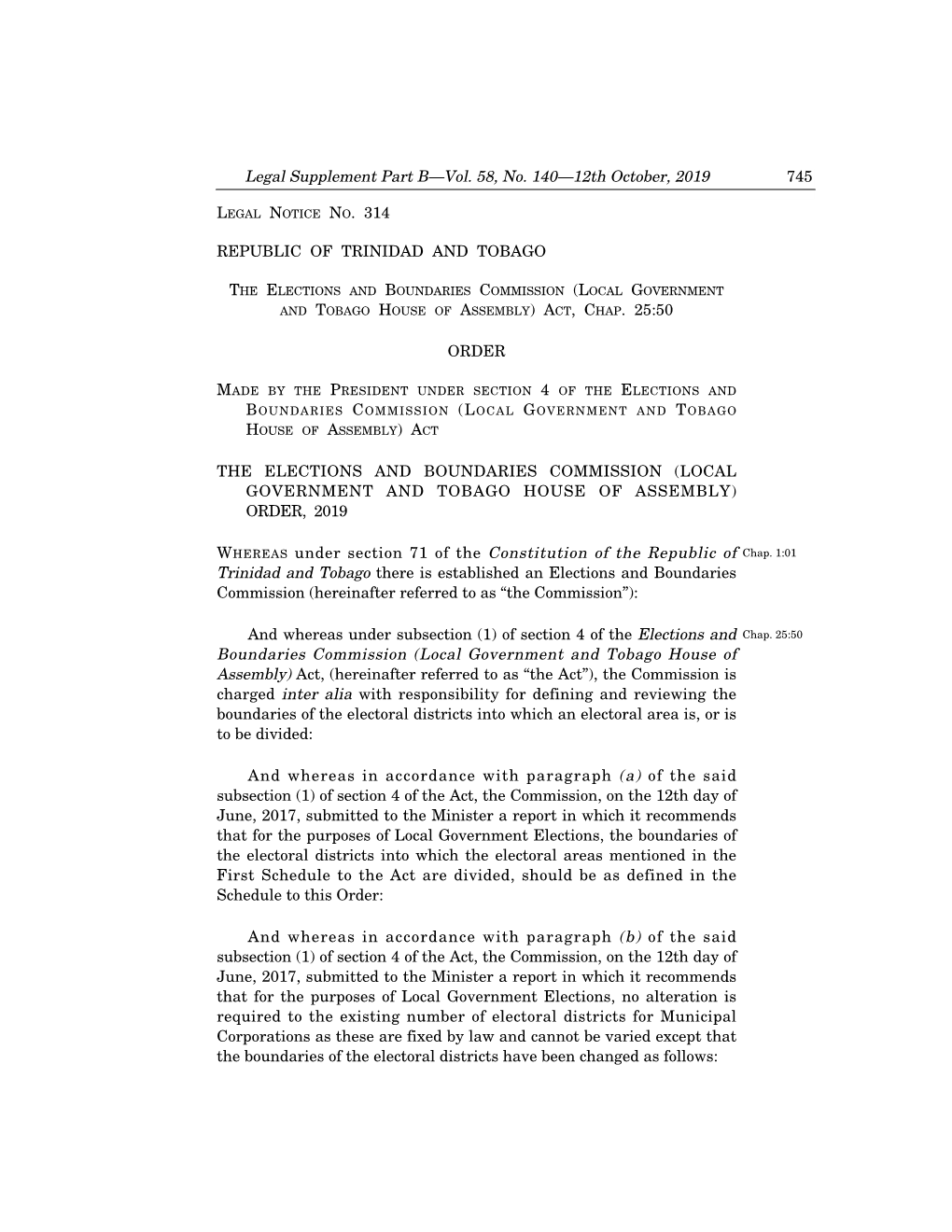 Legal Notice No. 314, Vol. 58, No. 140, 12Th October, 2019