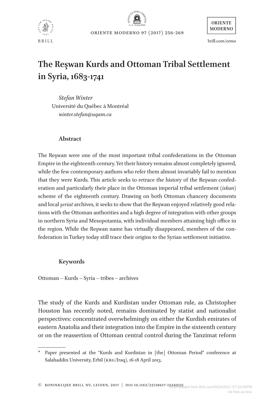 The Reşwan Kurds and Ottoman Tribal Settlement in Syria, 1683-1741