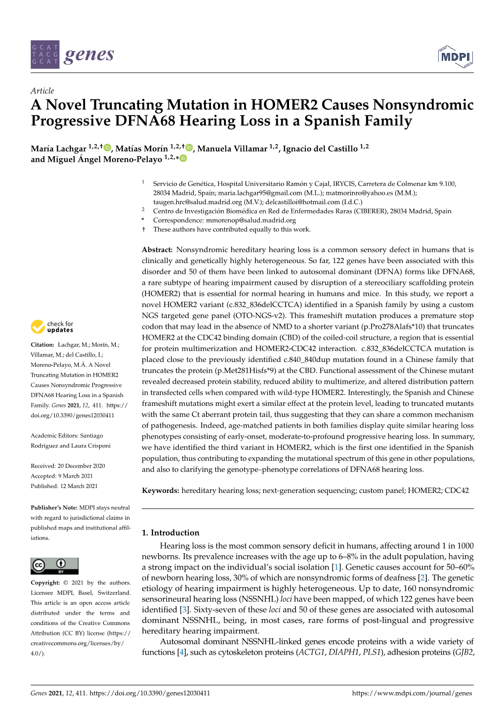 A Novel Truncating Mutation in HOMER2 Causes Nonsyndromic Progressive DFNA68 Hearing Loss in a Spanish Family