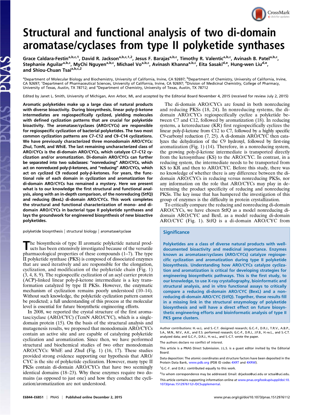 Structural and Functional Analysis of Two Di-Domain Aromatase/Cyclases from Type II Polyketide Synthases