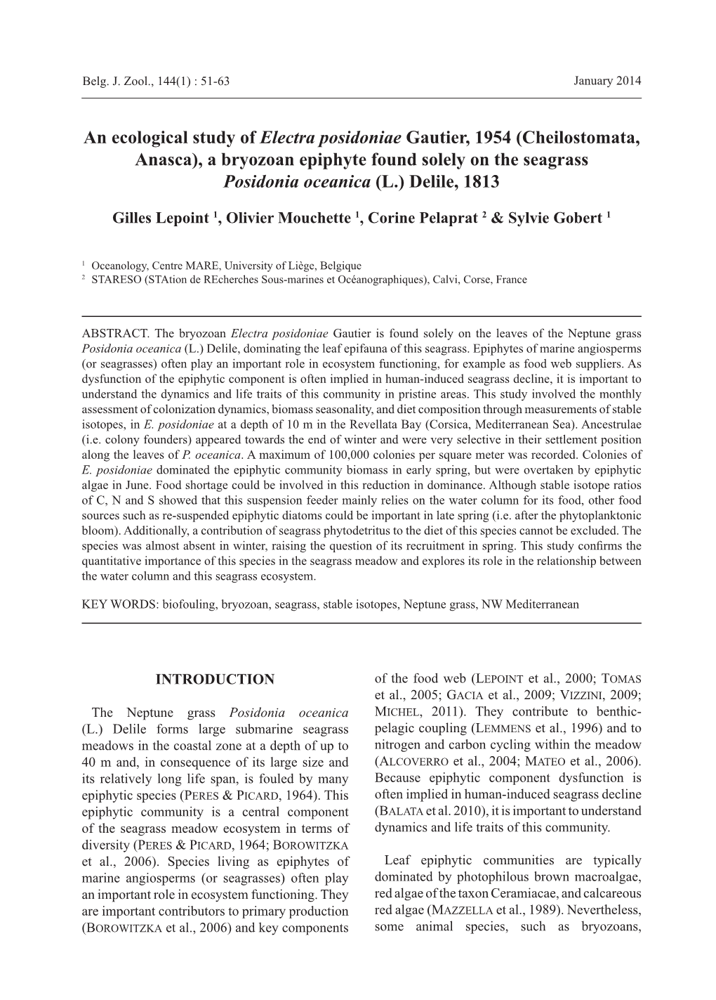 An Ecological Study of Electra Posidoniae Gautier, 1954 (Cheilostomata, Anasca), a Bryozoan Epiphyte Found Solely on the Seagrass Posidonia Oceanica (L.) Delile, 1813