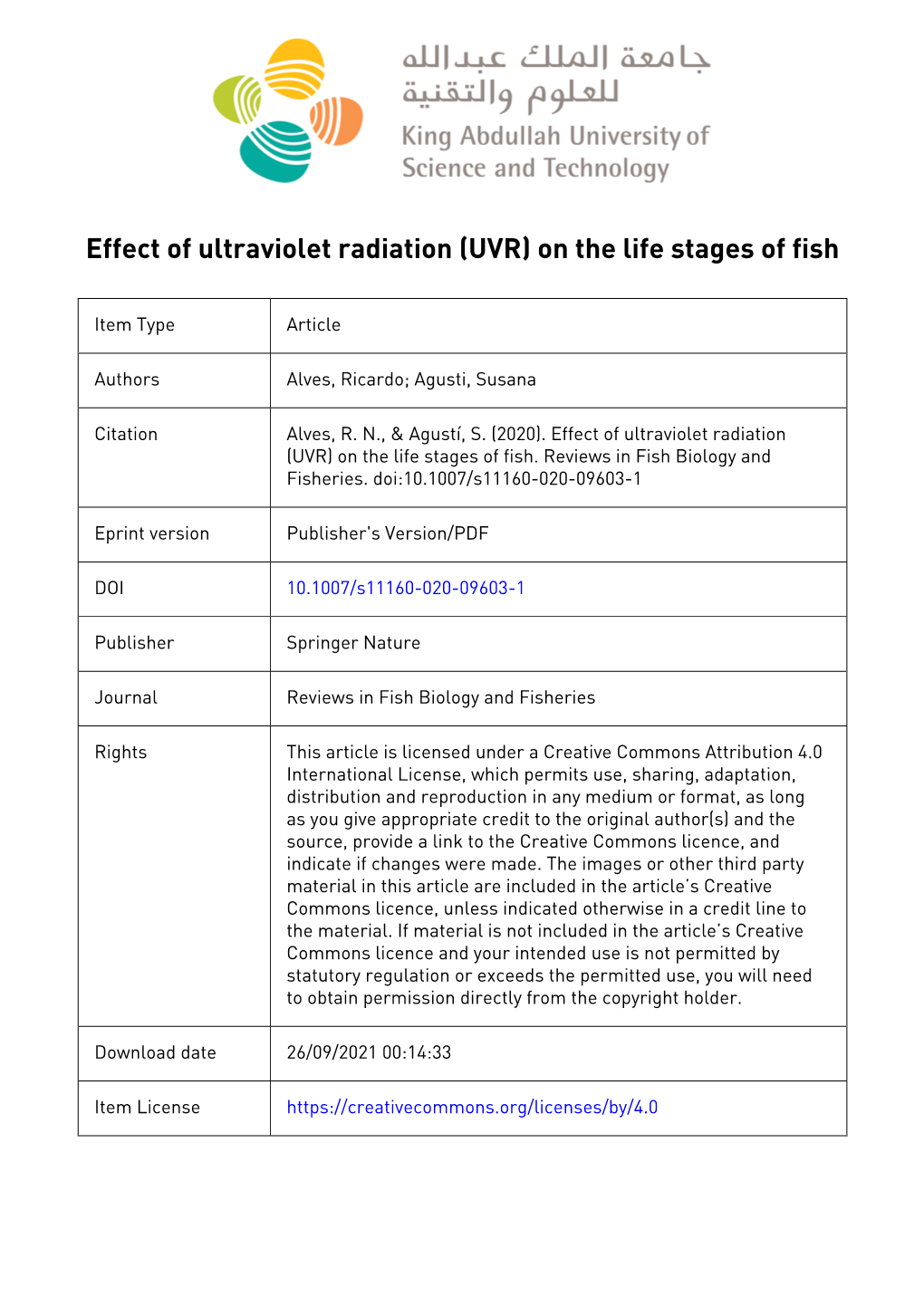 Effect of Ultraviolet Radiation (UVR) on the Life Stages of Fish