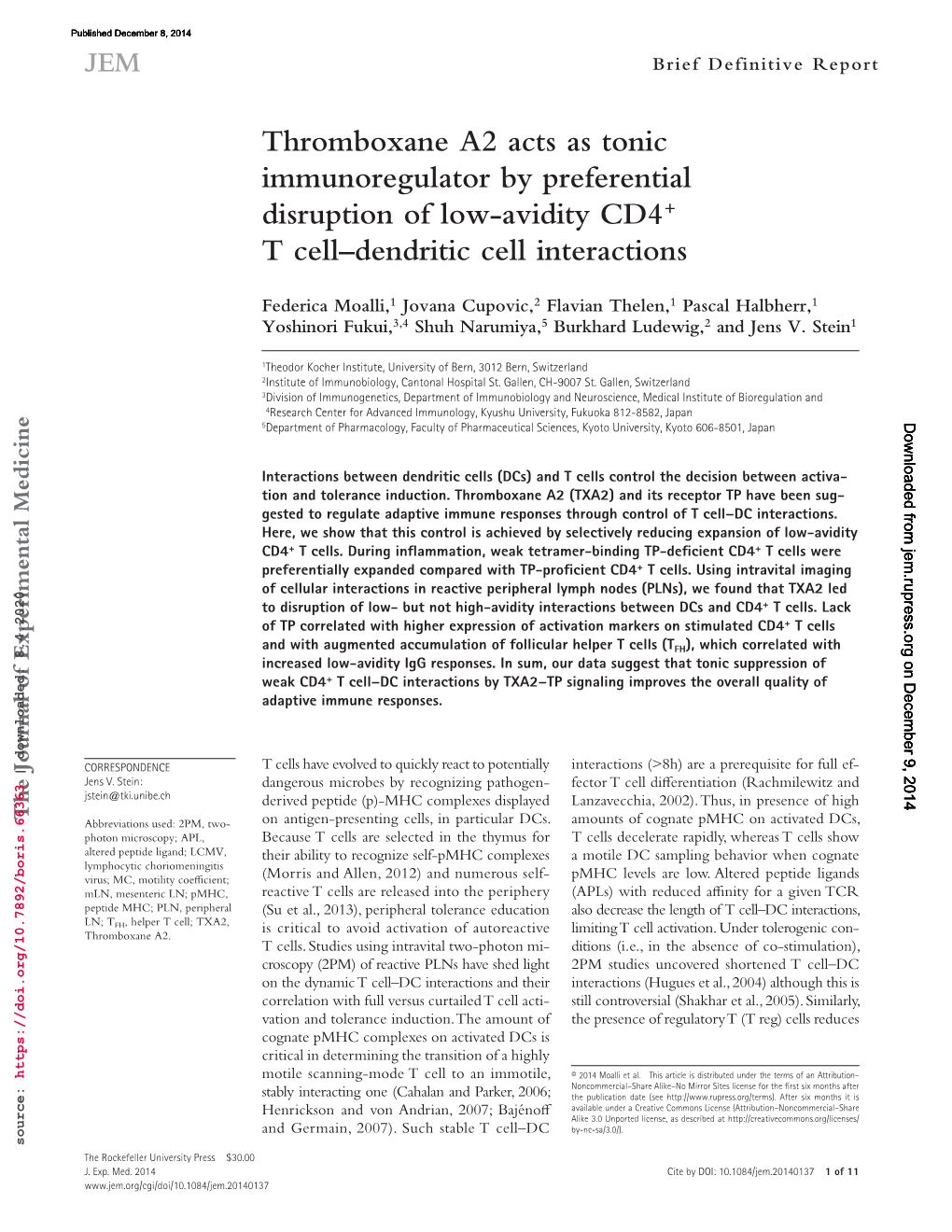 Thromboxane A2 Acts As Tonic Immunoregulator by Preferential Disruption of Low-Avidity CD4+ T Cell–Dendritic Cell Interactions