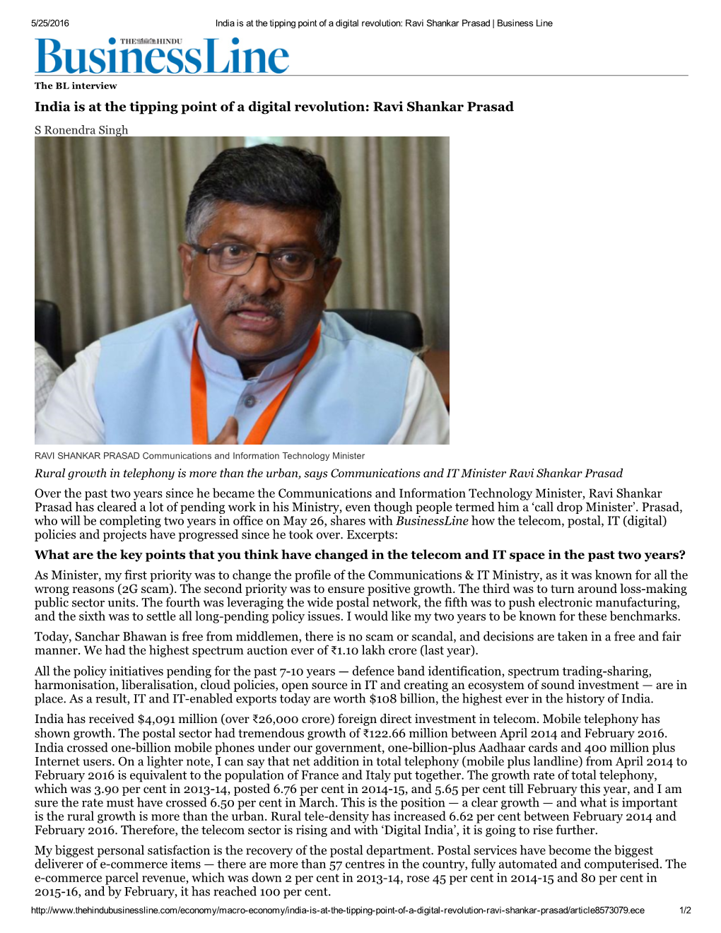 India Is at the Tipping Point of a Digital Revolution: Ravi Shankar Prasad | Business Line