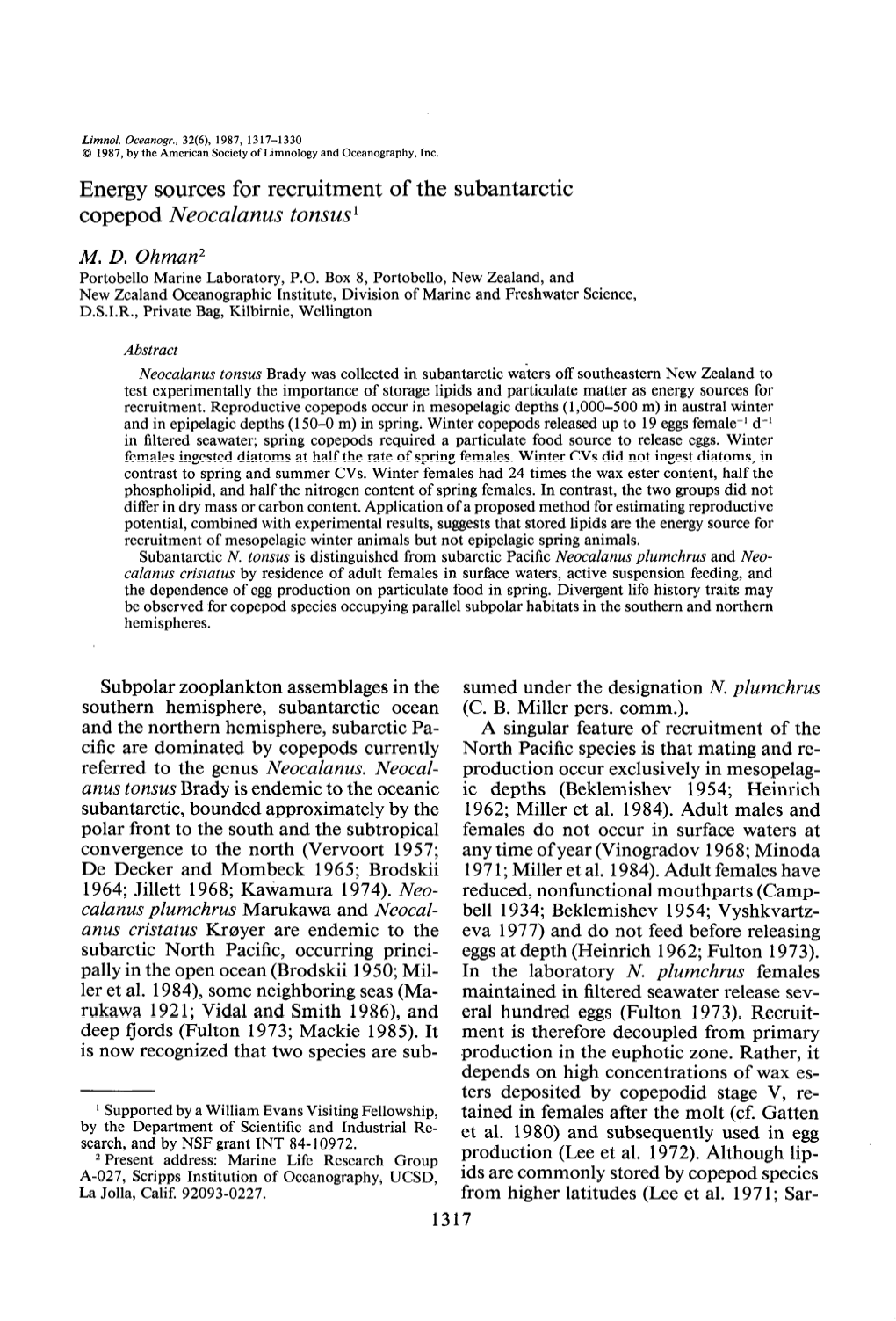 Energy Sources for Recruitment of the Subantarctic Copepod Neocalanus Tonsus L M