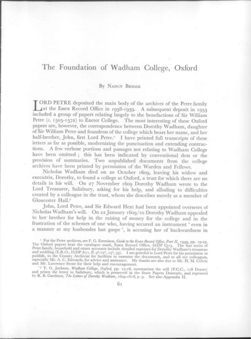 The Foundation of Wadham College, Oxford