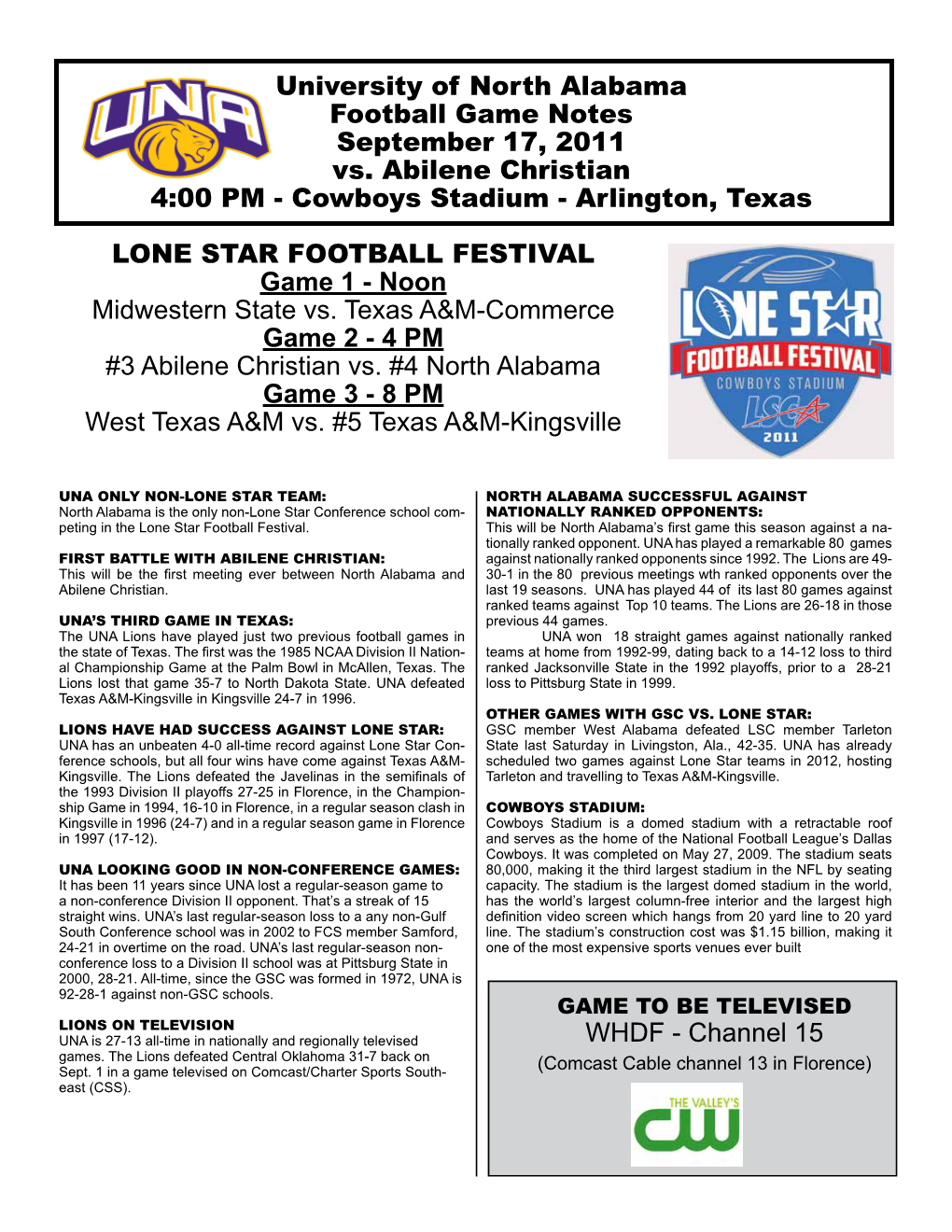 University of North Alabama Football Game Notes September 17, 2011 Vs