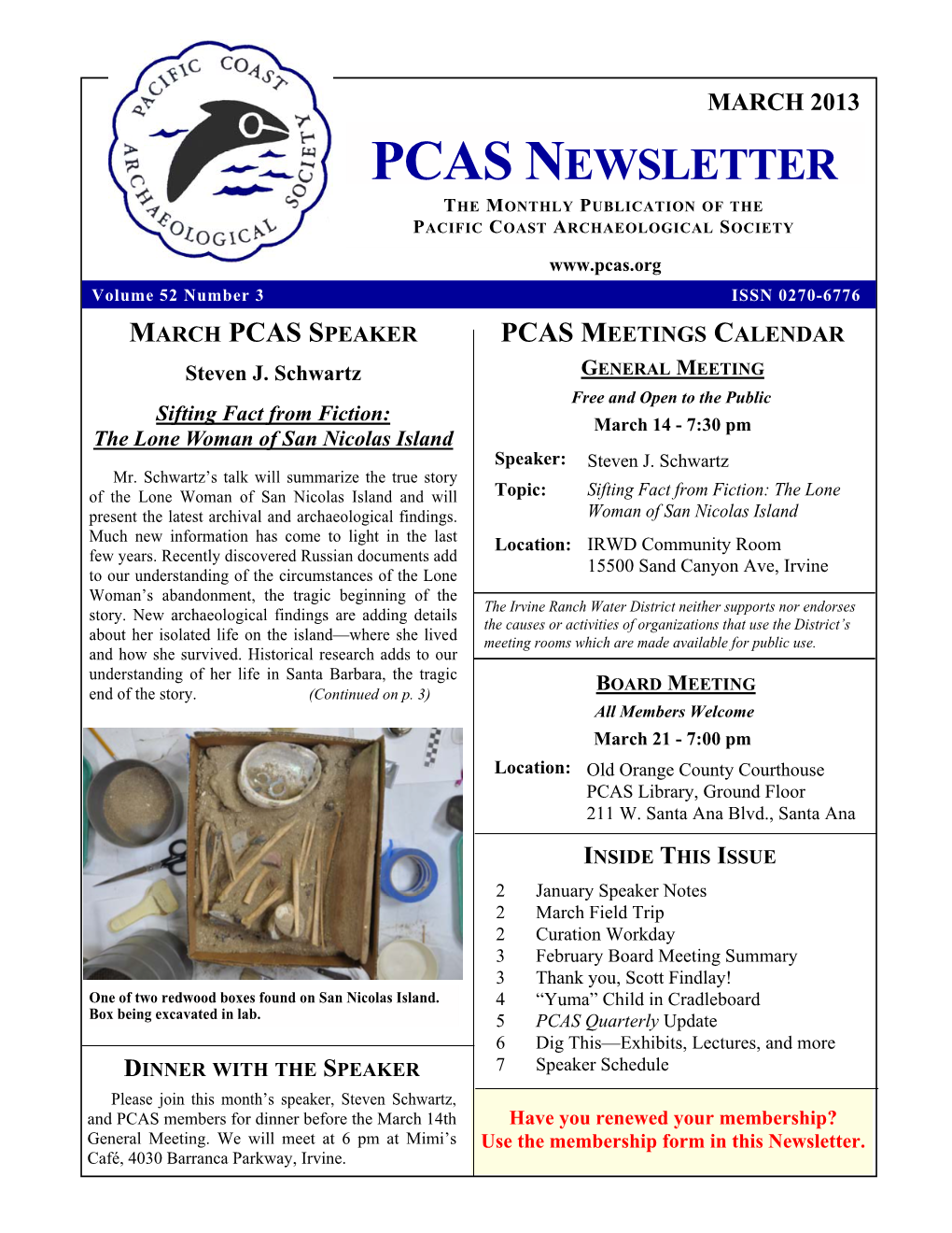 Pcas Newsletter the Monthly Publication of the Pacific Coast Archaeological Society