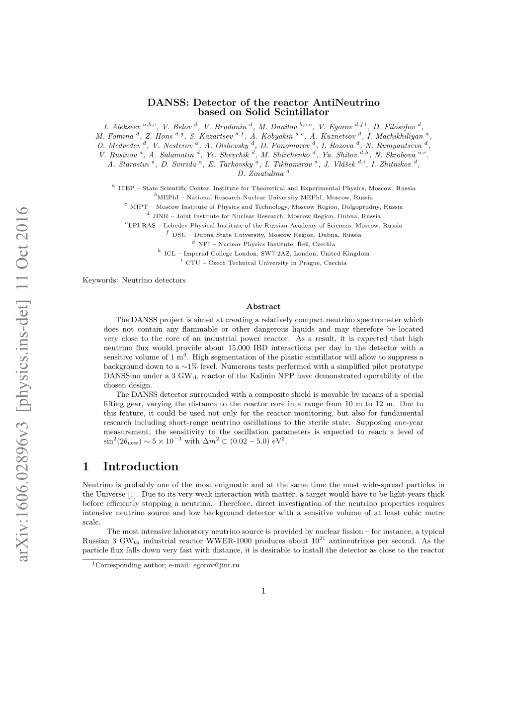 Arxiv:1606.02896V3 [Physics.Ins-Det] 11 Oct 2016 1Corresponding Author; E-Mail: Egorov@Jinr.Ru