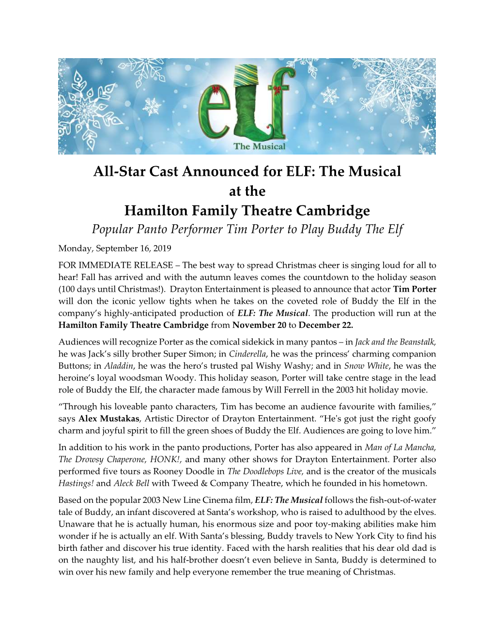 All-Star Cast Announced for ELF: the Musical at the Hamilton Family