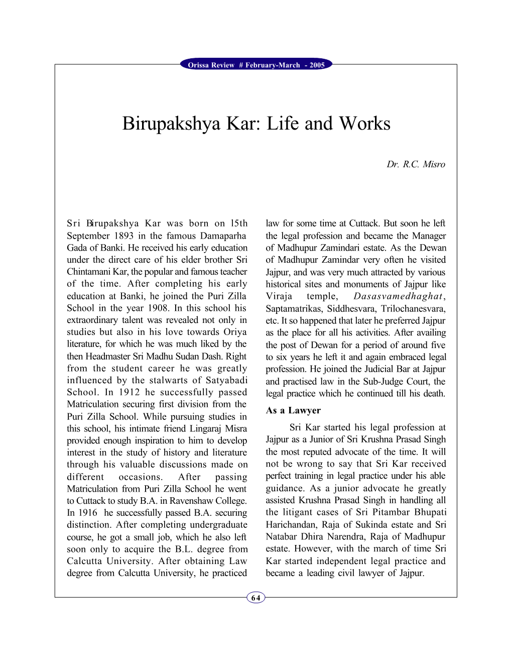 Birupakshya Kar: Life and Works