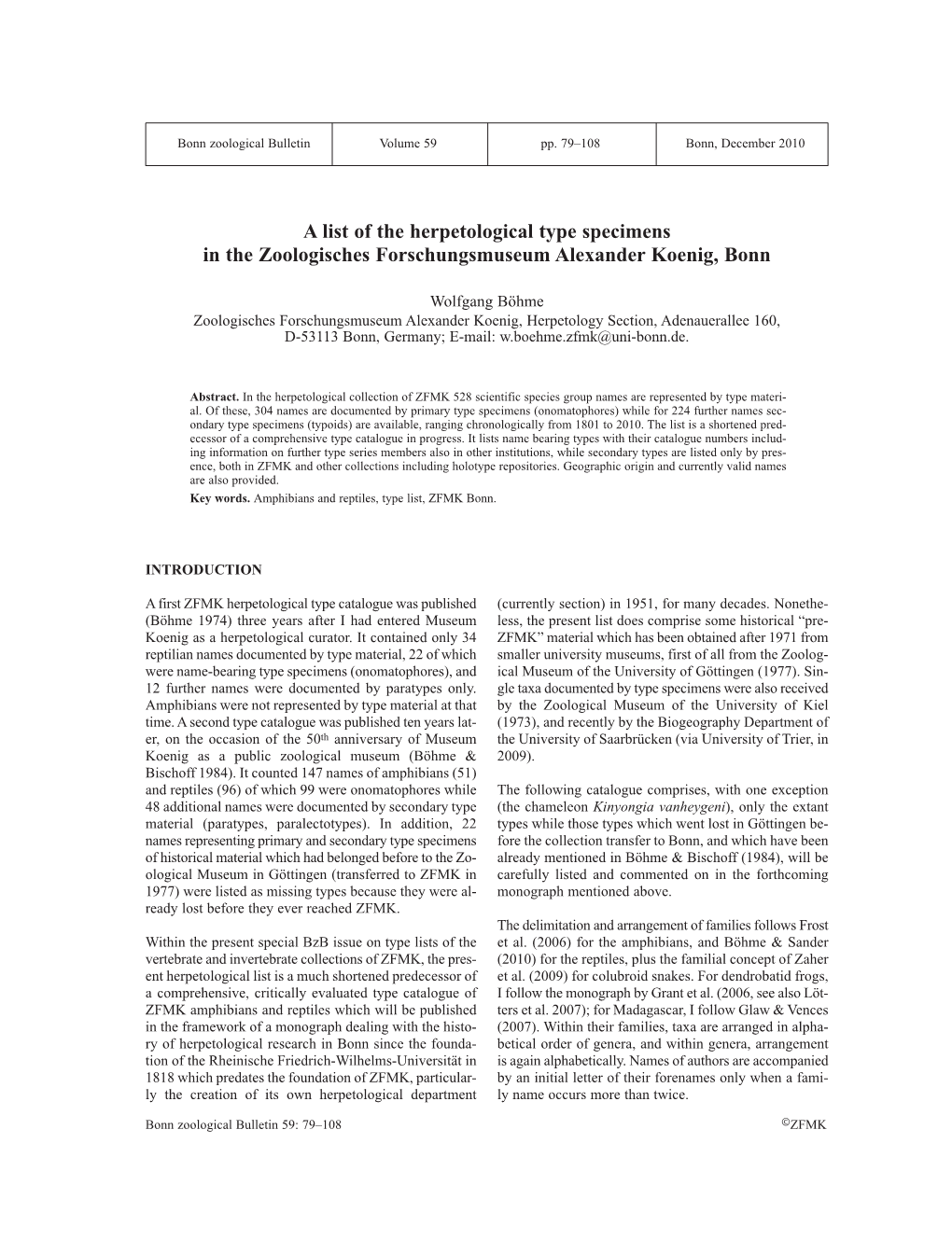 A List of the Herpetological Type Specimens in the Zoologisches Forschungsmuseum Alexander Koenig, Bonn
