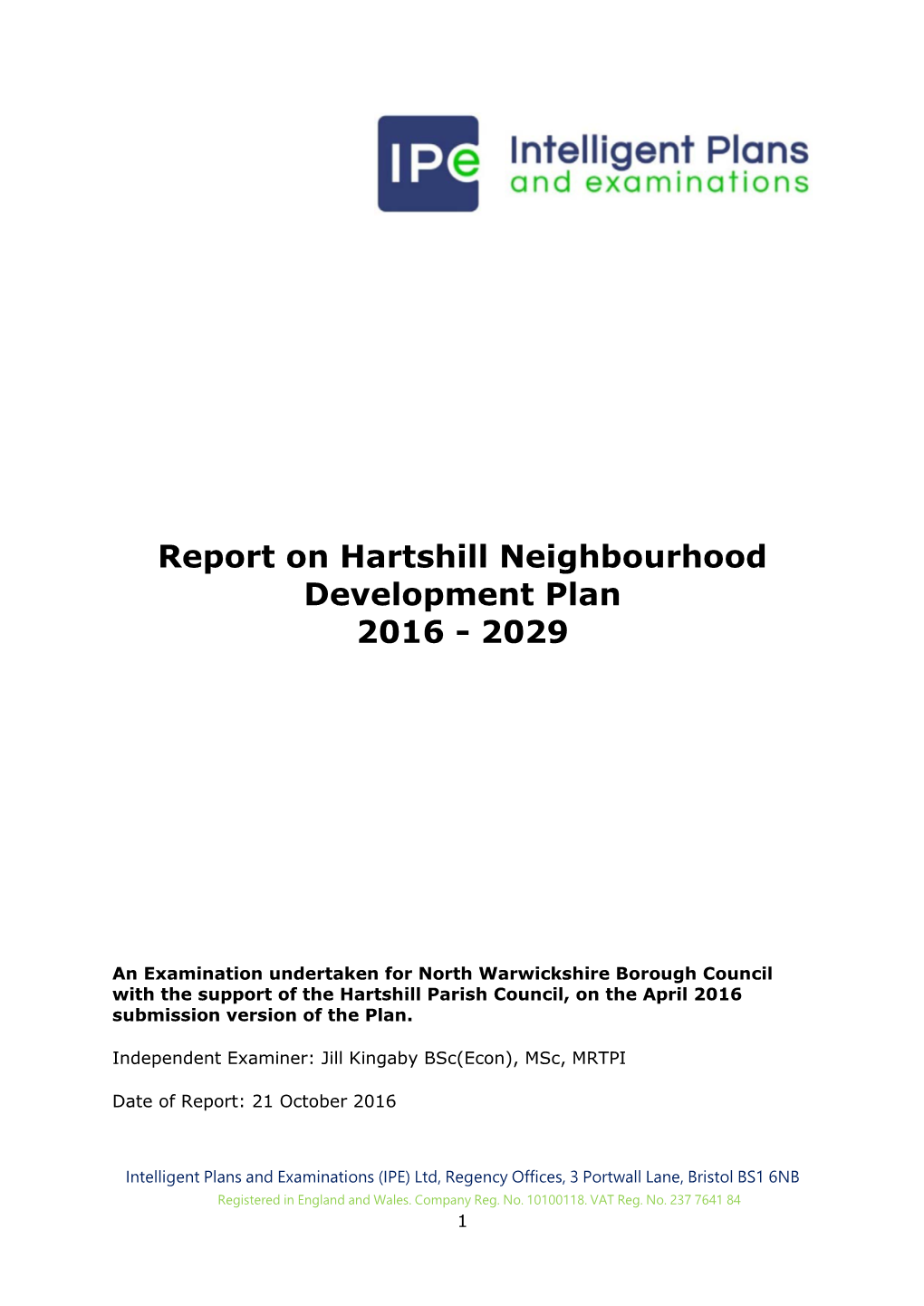 Report on Hartshill Neighbourhood Development Plan 2016 - 2029