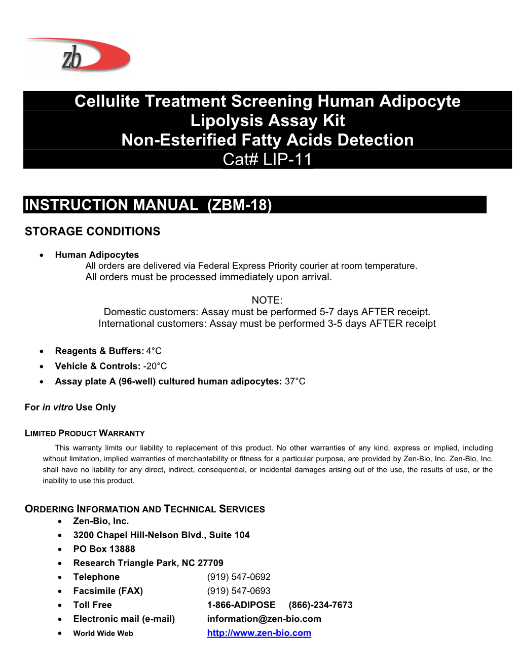 Cellulite Treatment Screening Human Adipocyte Lipolysis Assay Kit Non-Esterified Fatty Acids Detection Cat# LIP-11