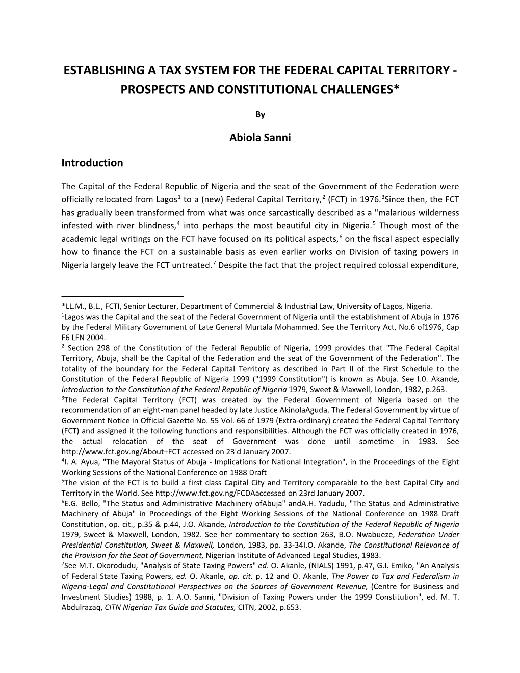 Establishing a Tax System for the Federal Capital Territory - Prospects and Constitutional Challenges*