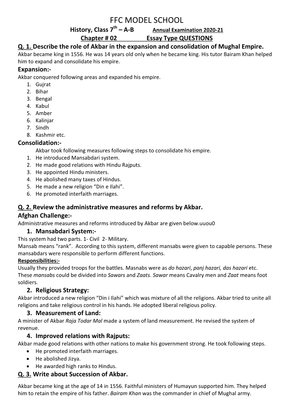 FFC MODEL SCHOOL History, Class 7Th – A-B Annual Examination 2020-21 Chapter # 02 Essay Type QUESTIONS Q