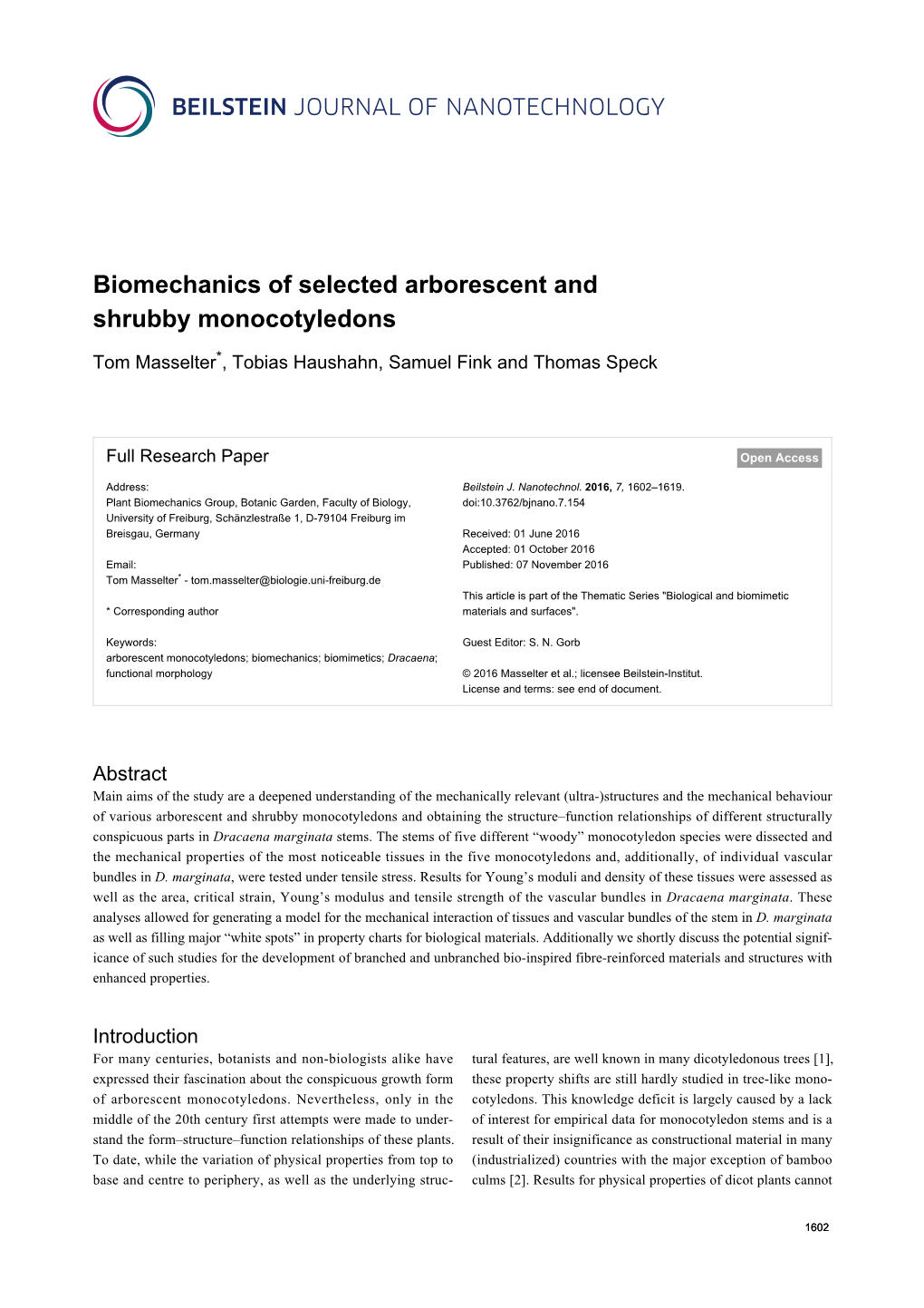 Biomechanics of Selected Arborescent and Shrubby Monocotyledons