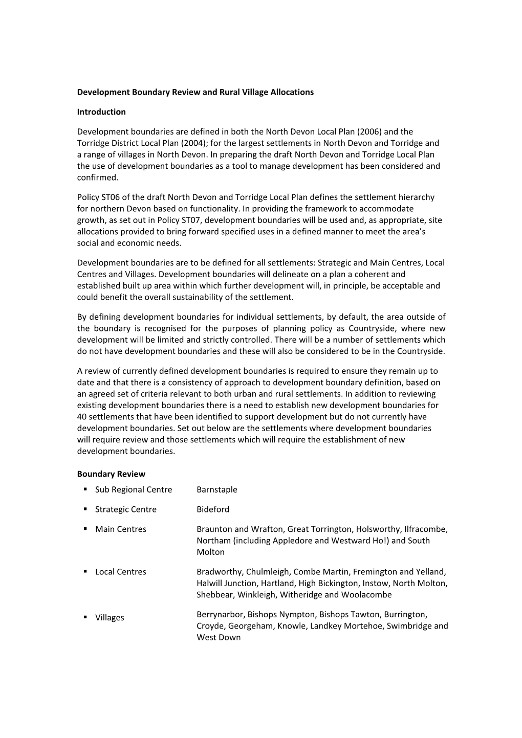 North Devon Development Boundary Criteria