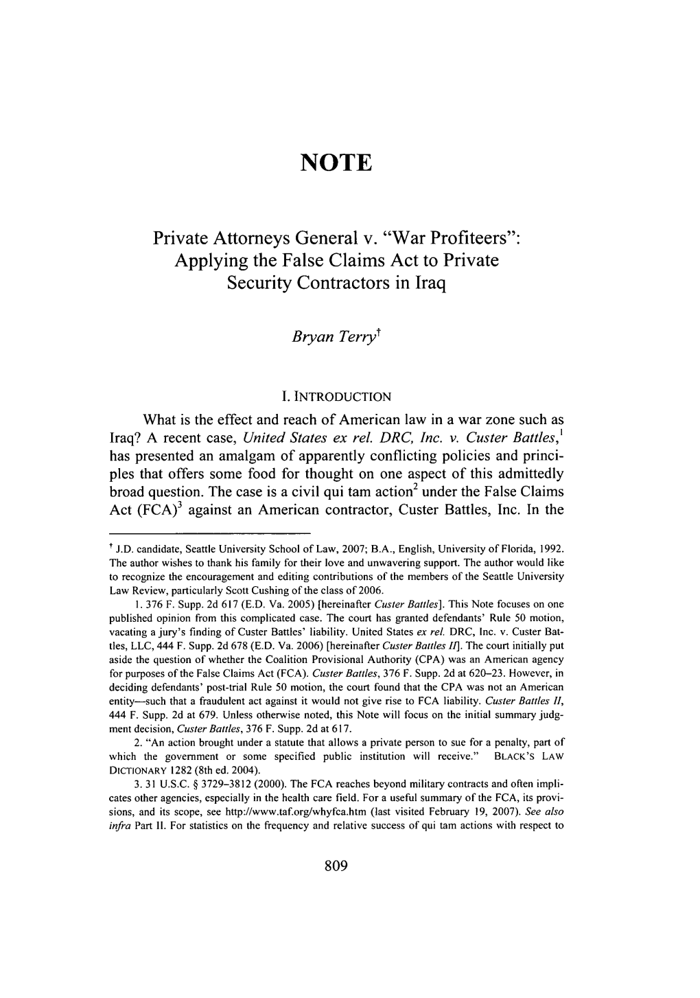 Applying the False Claims Act to Security Contractors in Iraq