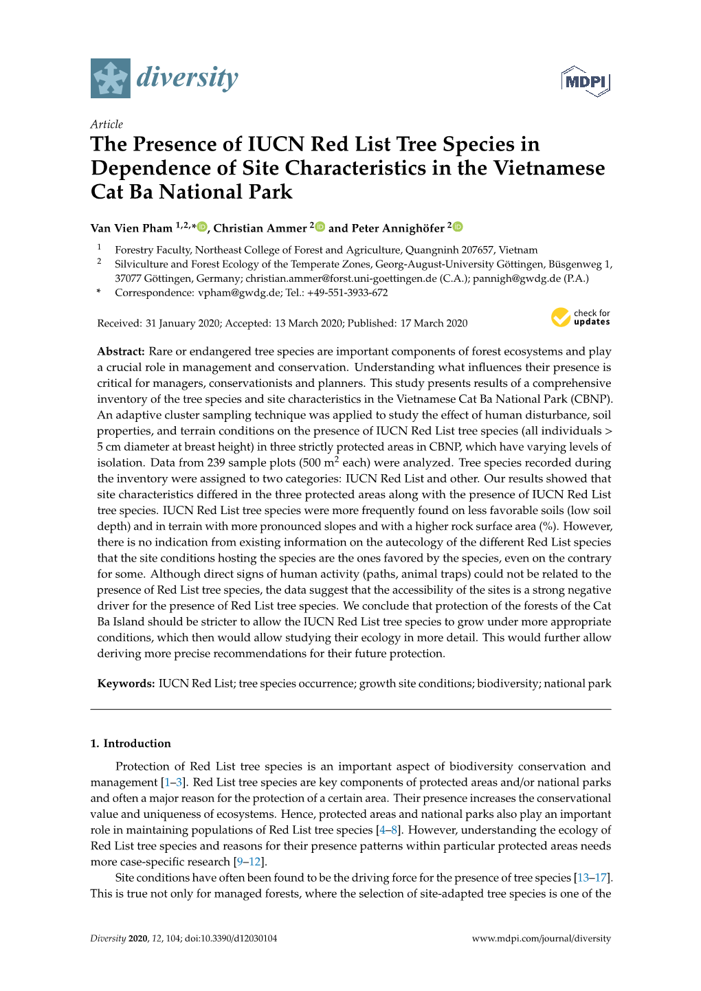 The Presence of IUCN Red List Tree Species in Dependence of Site Characteristics in the Vietnamese Cat Ba National Park