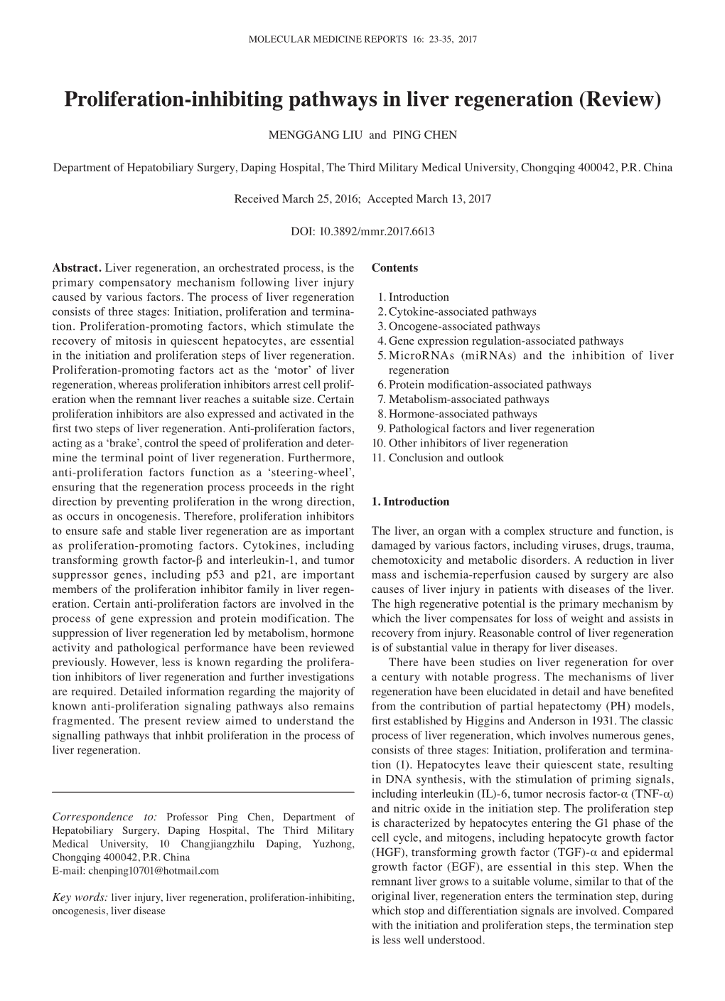 Proliferation‑Inhibiting Pathways in Liver Regeneration (Review)