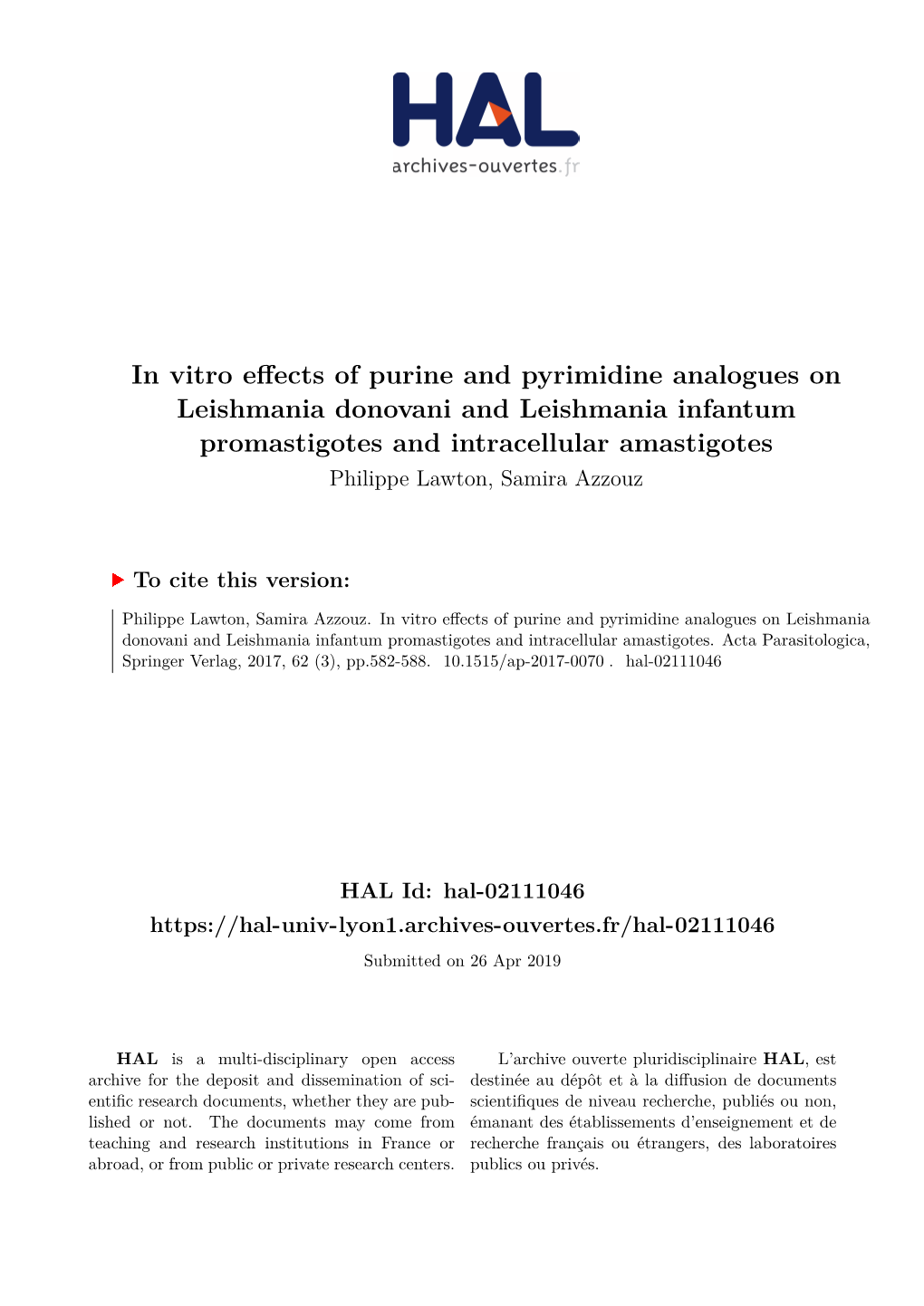 In Vitro Effects of Purine and Pyrimidine Analogues on Leishmania